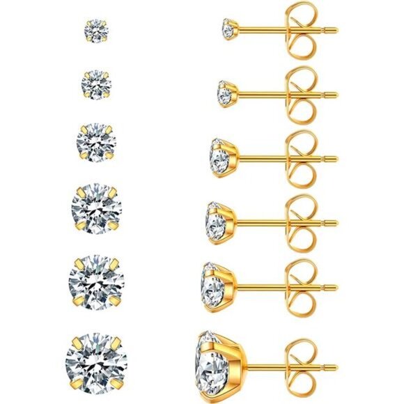 6 Pairs Gold Stud Earrings Set, Hypoallergenic Cubic Zirconia 316L Earrings - Picture 1 of 6